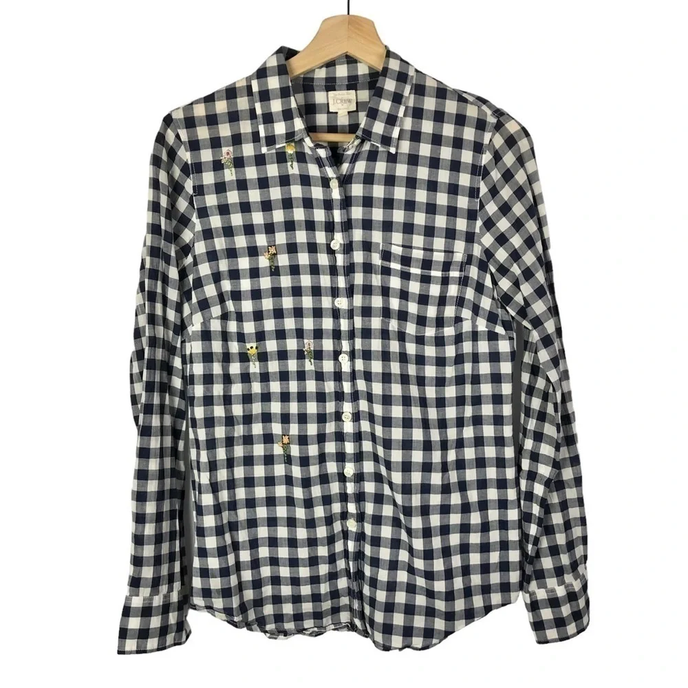 J. Crew Blue & White Gingham Plaid Perfect Long Sleeve Button Down‎ S